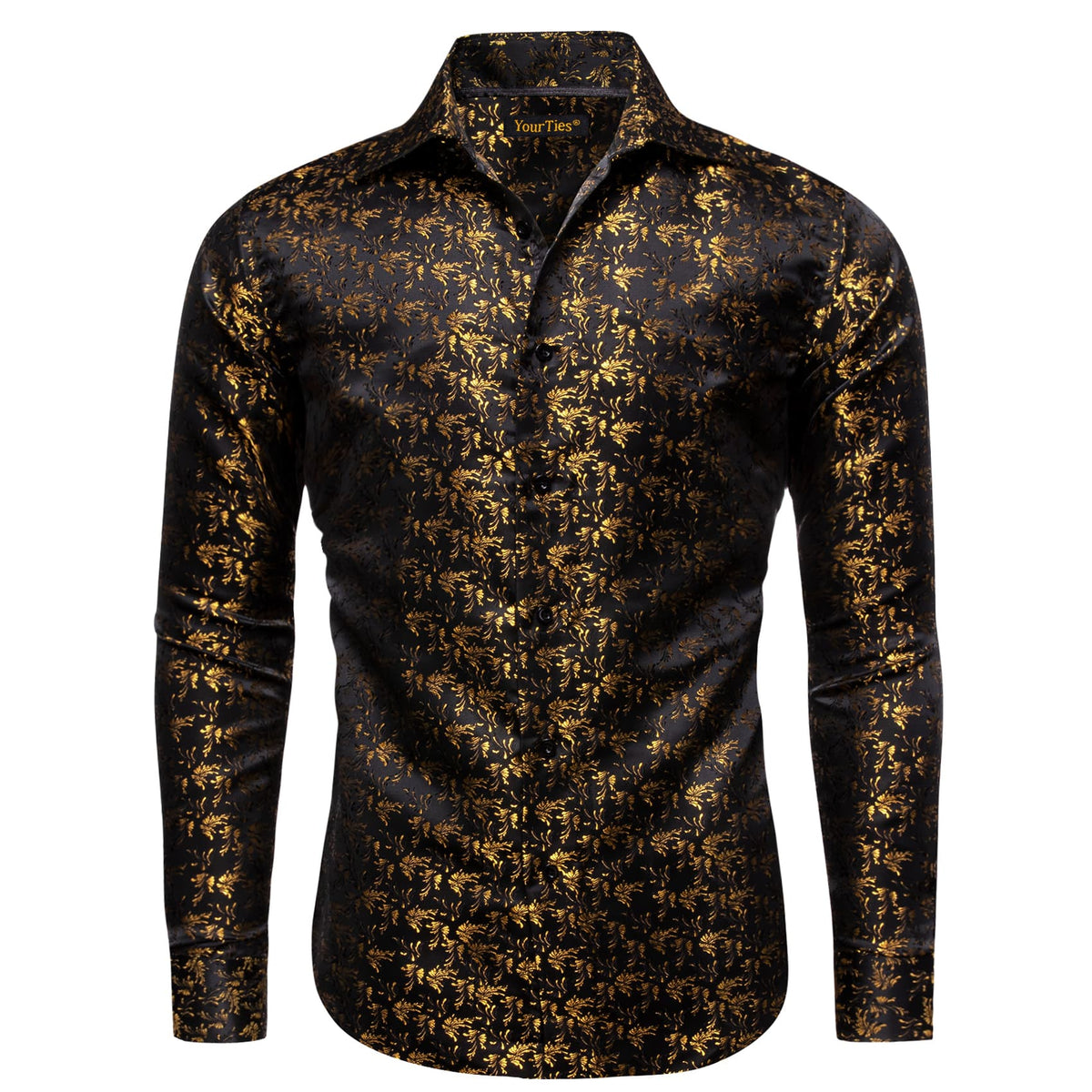 Black Men's Shirt Gold Jacquar Floral Shirt Silk Dress Shirt