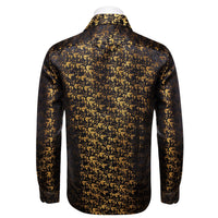 Black Men's Shirt Gold Jacquar Floral Shirt Silk Dress Shirt