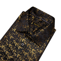 Black Men's Shirt Gold Jacquar Floral Shirt Silk Dress Shirt