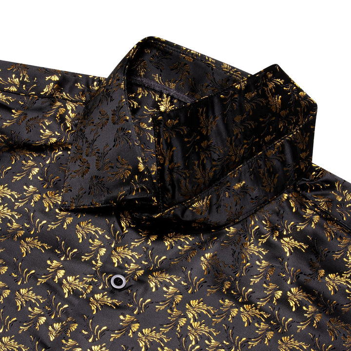 Black Men's Shirt Gold Jacquar Floral Shirt Silk Dress Shirt