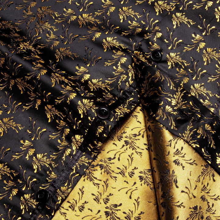 Black Men's Shirt Gold Jacquar Floral Shirt Silk Dress Shirt