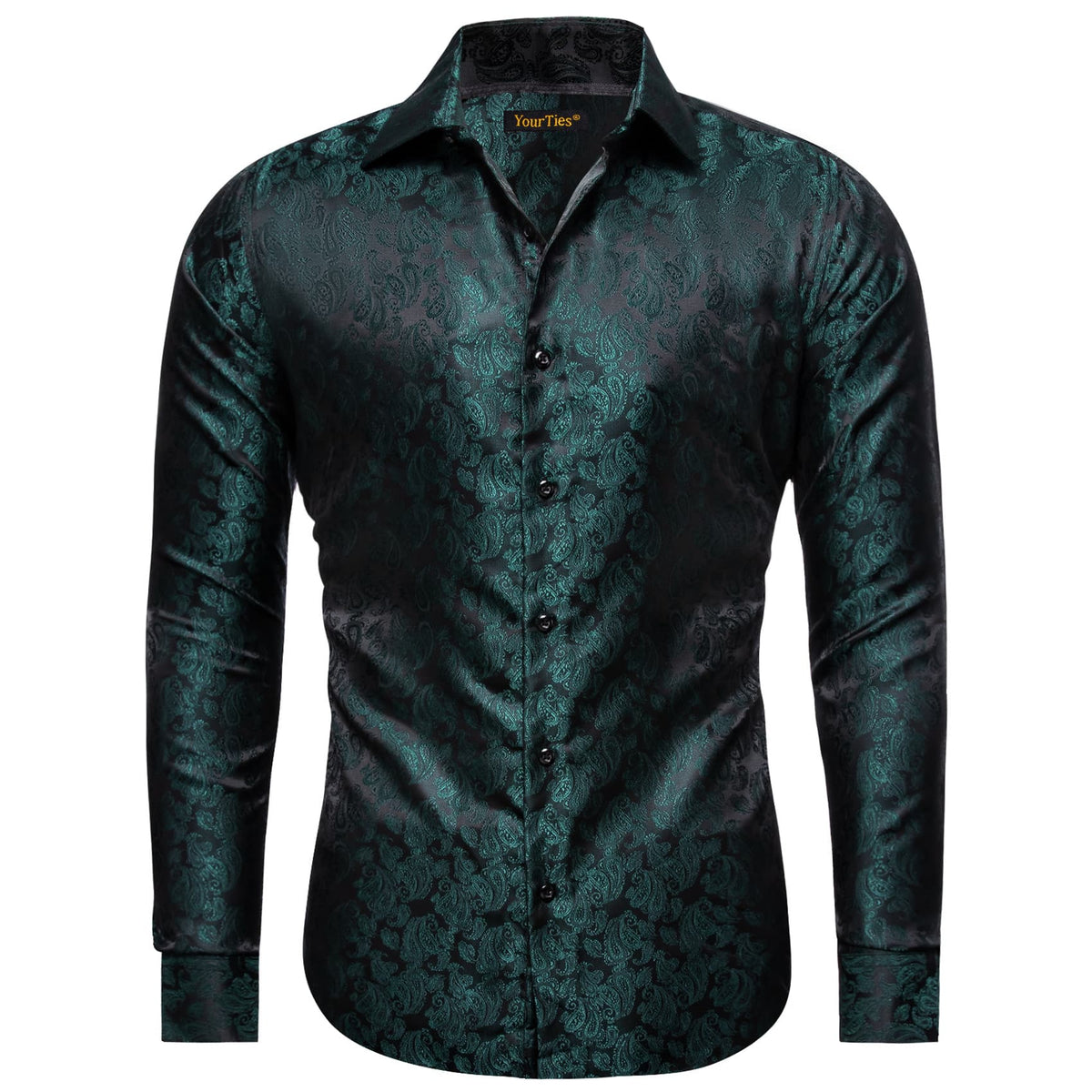 Deep Jungle Green Shirt Jacquard Paisley Men Silk Dress Shirt