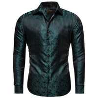 Deep Jungle Green Shirt Jacquard Paisley Men Silk Dress Shirt