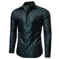 Deep Jungle Green Shirt Jacquard Paisley Men Silk Dress Shirt