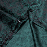 Deep Jungle Green Shirt Jacquard Paisley Men Silk Dress Shirt