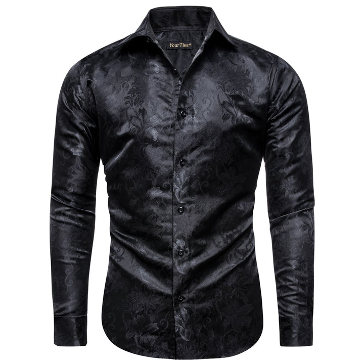 Black Long Sleeve Top Dark Grey Floral Men's Silk Dress Shirt