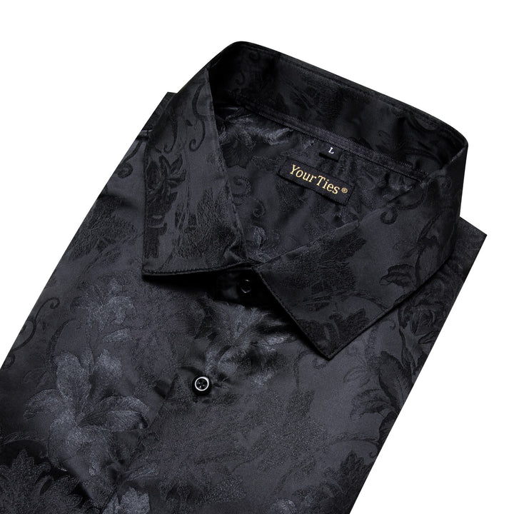 Black Long Sleeve Top Dark Grey Floral Men's Silk Dress Shirt