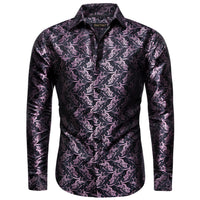 Black Long Sleeve Top Pink Jacquard Floral Men's Dress Shirt