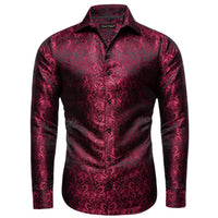  Burgundy Long Sleeve Top Jacquard Paisley Men's Dress Shirt