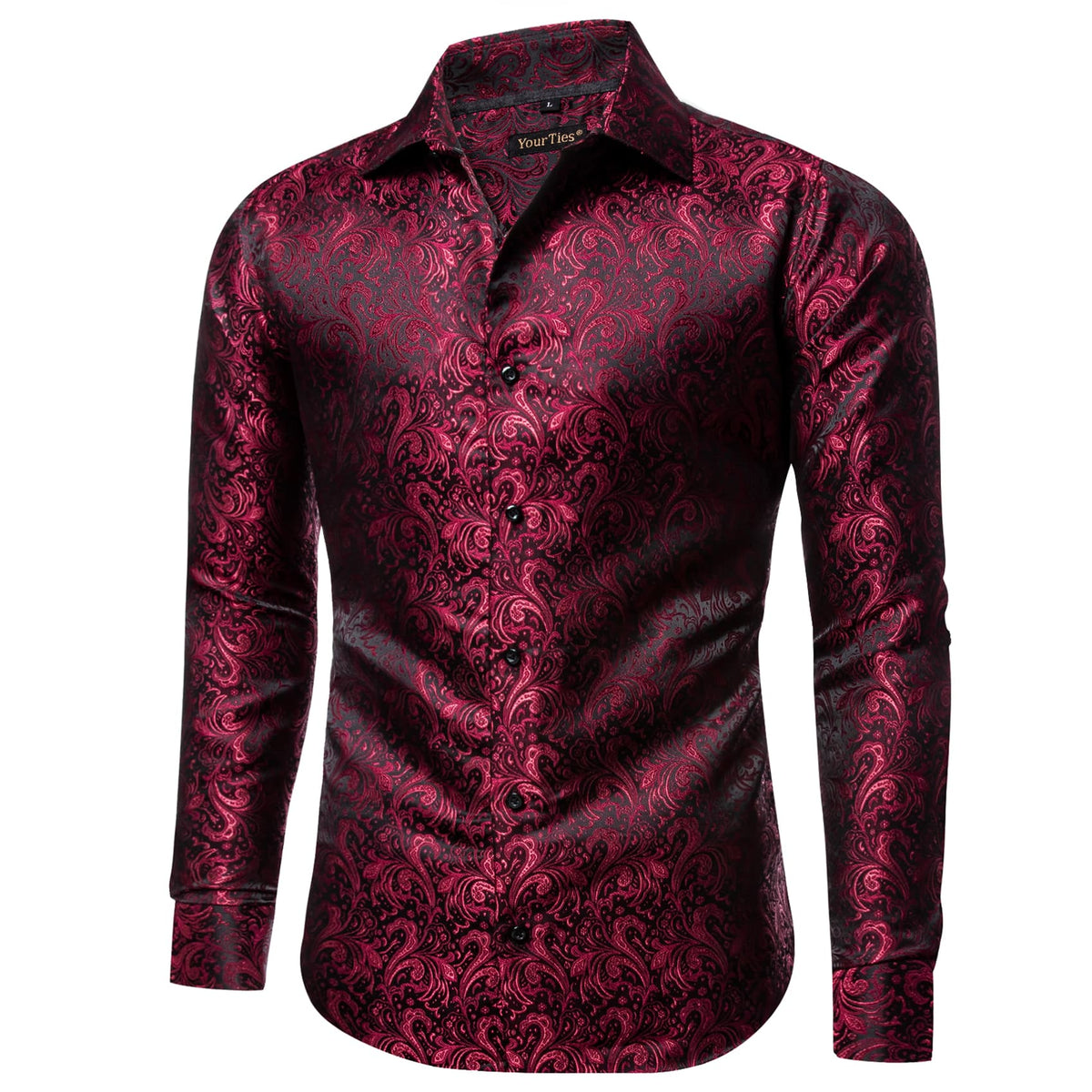  Burgundy Long Sleeve Top Jacquard Paisley Men's Dress Shirt