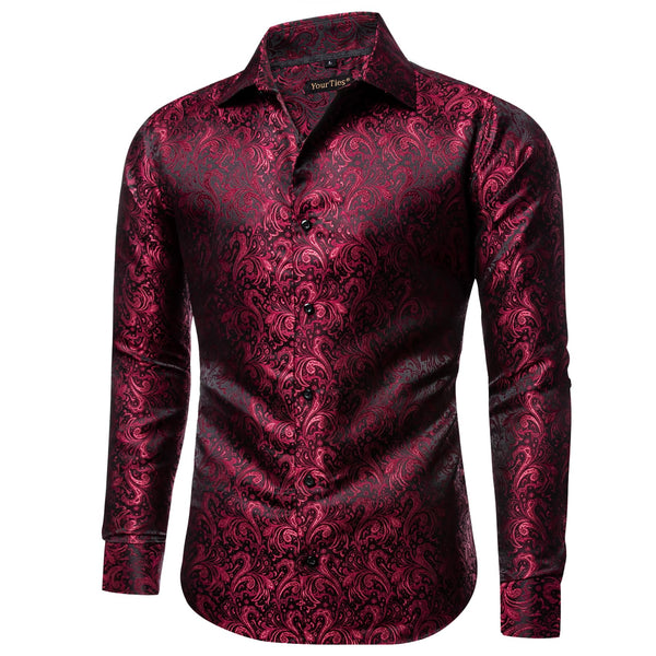  Burgundy Long Sleeve Top Jacquard Paisley Men's Dress Shirt