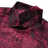  Burgundy Long Sleeve Top Jacquard Paisley Men's Dress Shirt