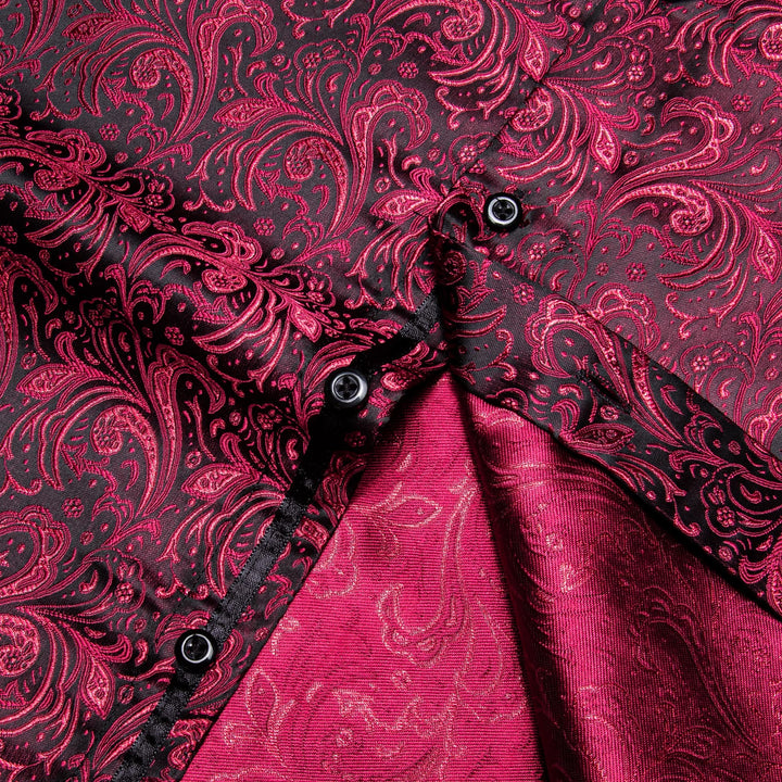  Burgundy Long Sleeve Top Jacquard Paisley Men's Dress Shirt