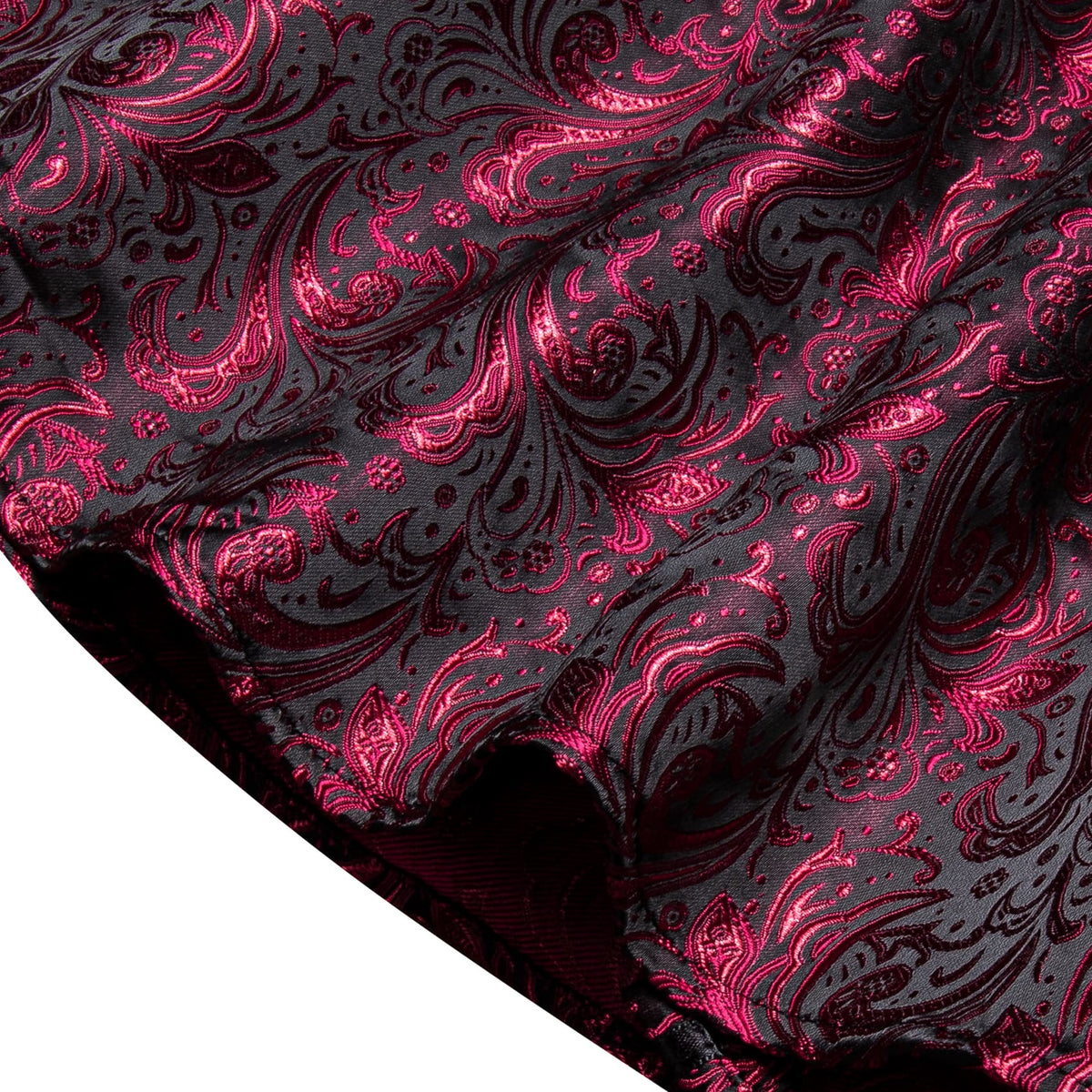  Burgundy Long Sleeve Top Jacquard Paisley Men's Dress Shirt