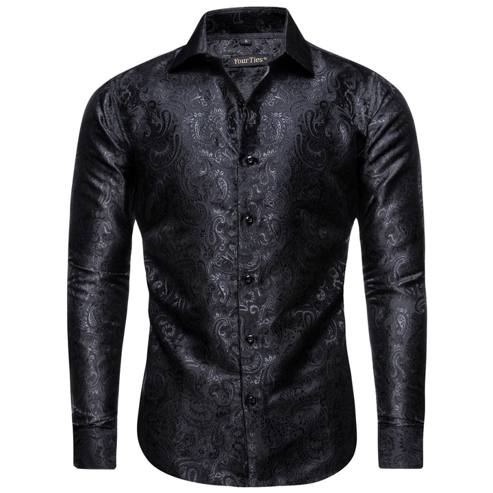 Windsor Collar Men's Dress Shirt Black Paisley Jacquard Top