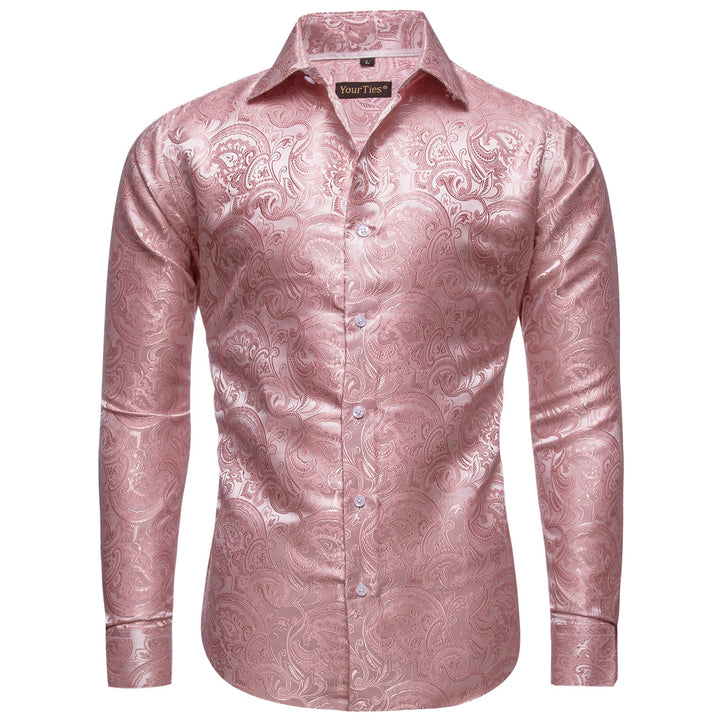 Pink Wedding Men's Top Windsor Collar Floral Silk Dress Shirt