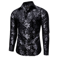 Lily Pattern Shirt for Men Black Long Sleeve Silk Dress Shirt