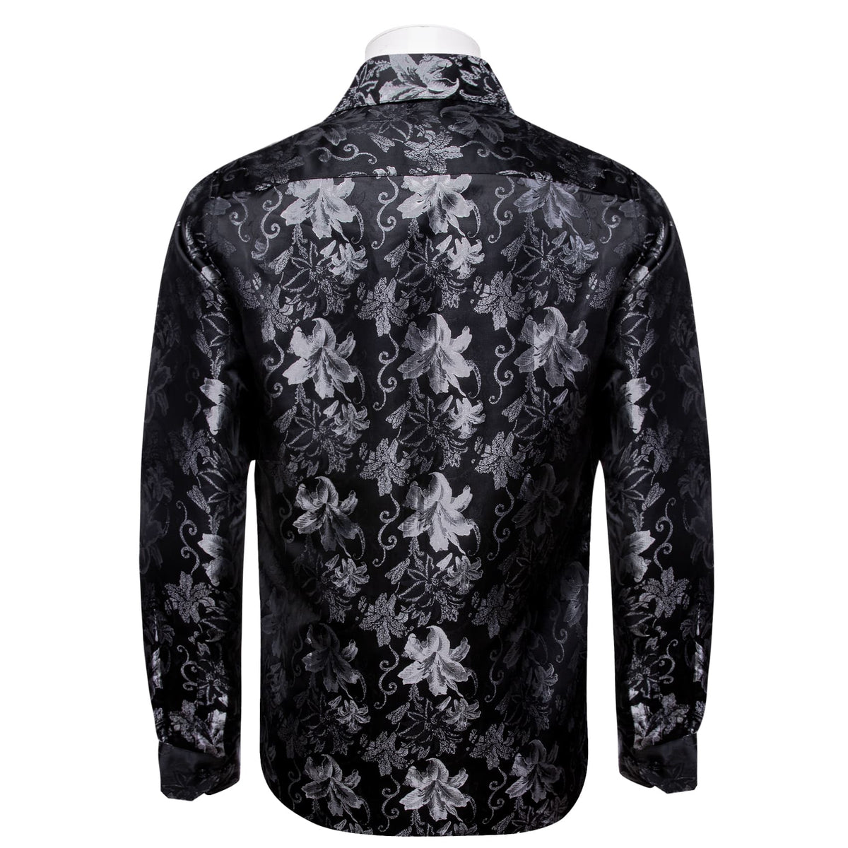 Lily Pattern Shirt for Men Black Long Sleeve Silk Dress Shirt