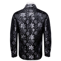 Lily Pattern Shirt for Men Black Long Sleeve Silk Dress Shirt