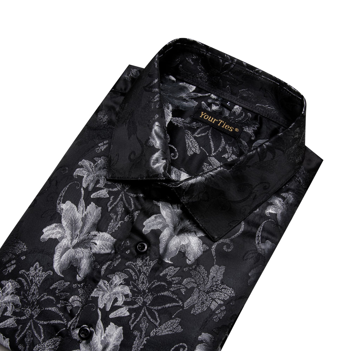 Lily Pattern Shirt for Men Black Long Sleeve Silk Dress Shirt