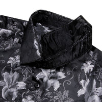 Lily Pattern Shirt for Men Black Long Sleeve Silk Dress Shirt