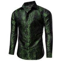 Olive Green Paisley Silk Shirt Men's Long Sleeve Dress Shirt