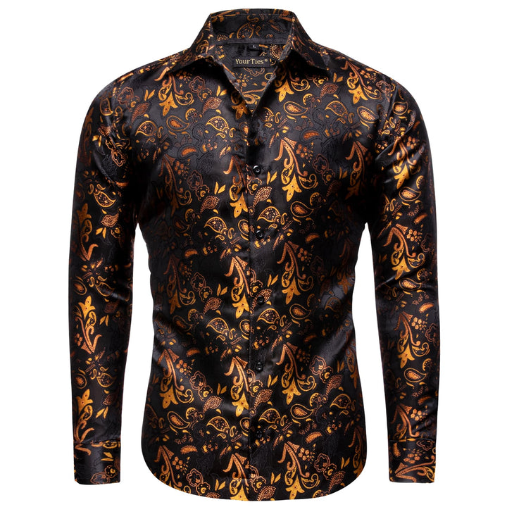 Black Shirt Orange Jacquard Paisley Shirt Men's Silk Top