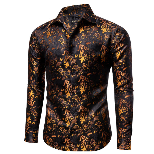 Black Shirt Orange Jacquard Paisley Shirt Men's Silk Top