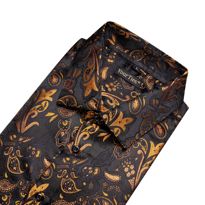 Black Shirt Orange Jacquard Paisley Shirt Men's Silk Top