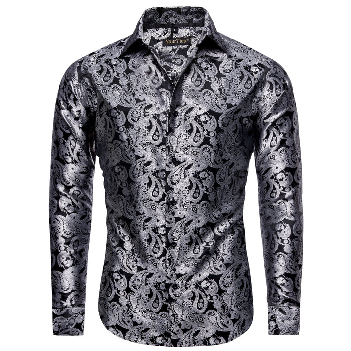 Silver Grey Paisley Long Sleeve Shirt Men's Silk Wedding Top