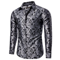 Silver Grey Paisley Long Sleeve Shirt Men's Silk Wedding Top