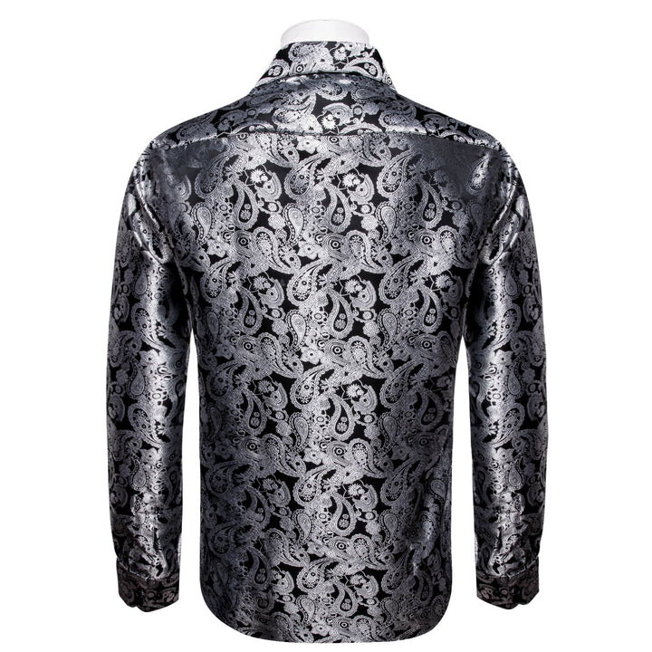 Silver Grey Paisley Long Sleeve Shirt Men's Silk Wedding Top