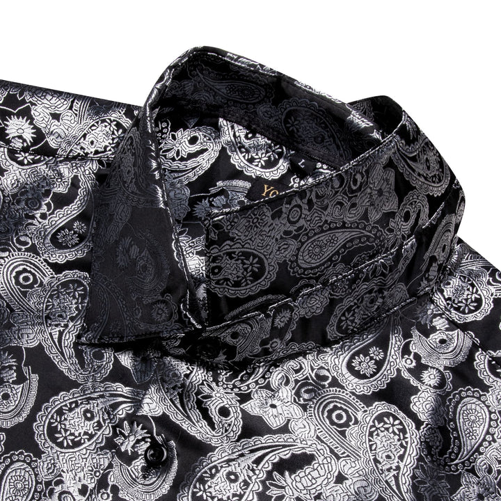 Silver Grey Paisley Long Sleeve Shirt Men's Silk Wedding Top