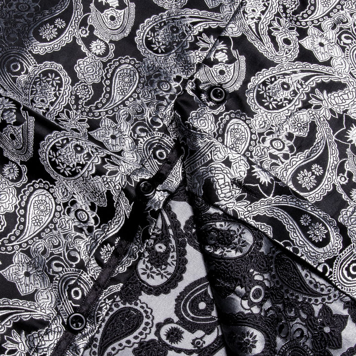 Silver Grey Paisley Long Sleeve Shirt Men's Silk Wedding Top