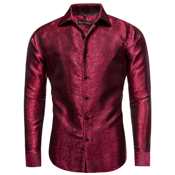 Men's Long Sleeve Shirt Paisley Jacquard Burgundy Dress Shirt