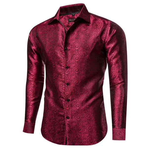 Men's Long Sleeve Shirt Paisley Jacquard Burgundy Dress Shirt