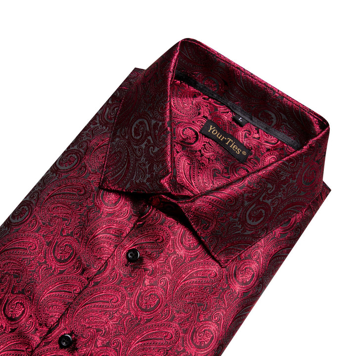 Men's Long Sleeve Shirt Paisley Jacquard Burgundy Dress Shirt