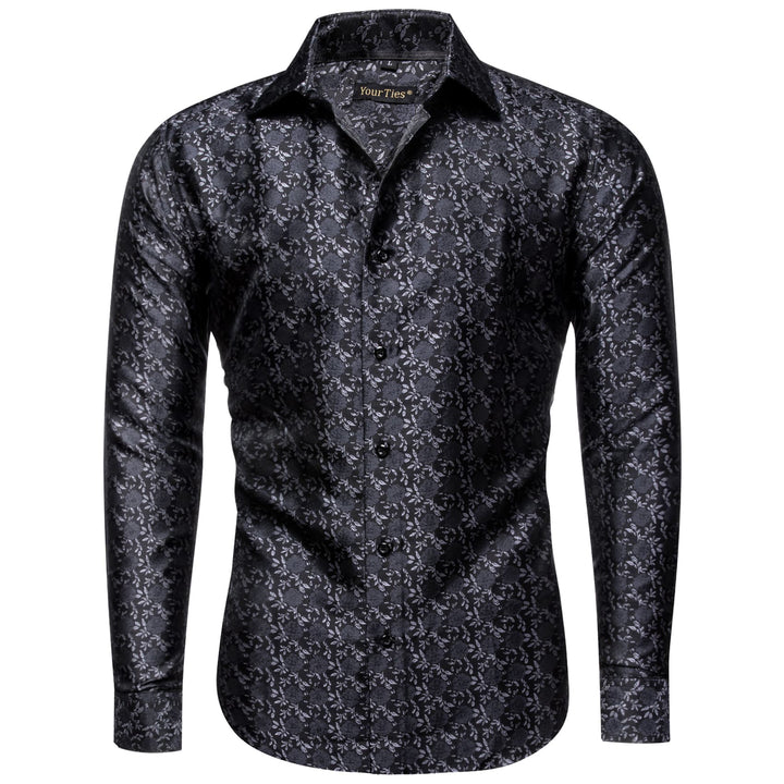 Men's Floral Shirt Long Sleeve Black Grey Jacquard Silk Shirt