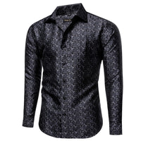 Men's Floral Shirt Long Sleeve Black Grey Jacquard Silk Shirt