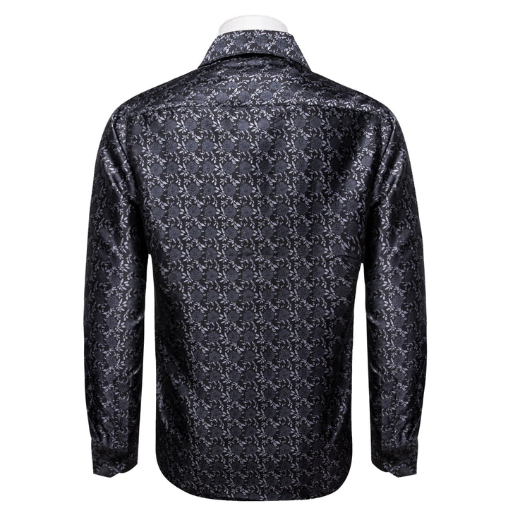 Men's Floral Shirt Long Sleeve Black Grey Jacquard Silk Shirt