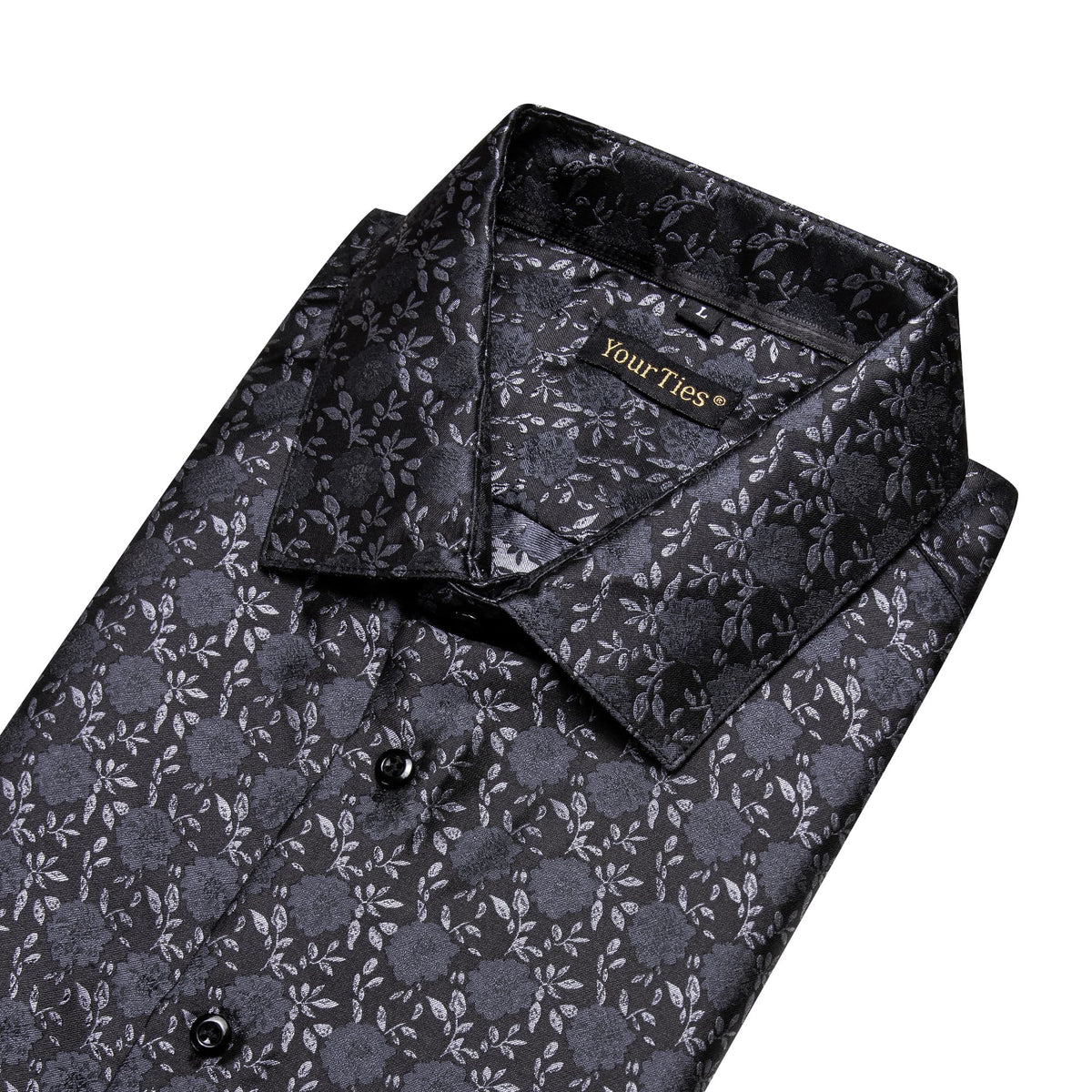 Men's Floral Shirt Long Sleeve Black Grey Jacquard Silk Shirt