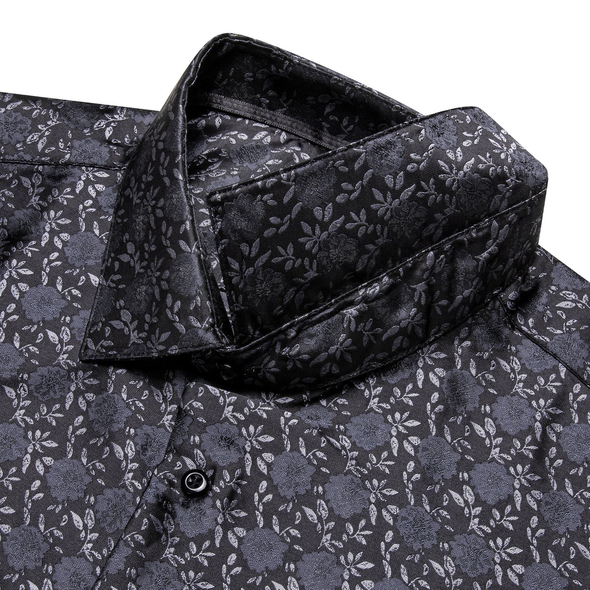 Men's Floral Shirt Long Sleeve Black Grey Jacquard Silk Shirt