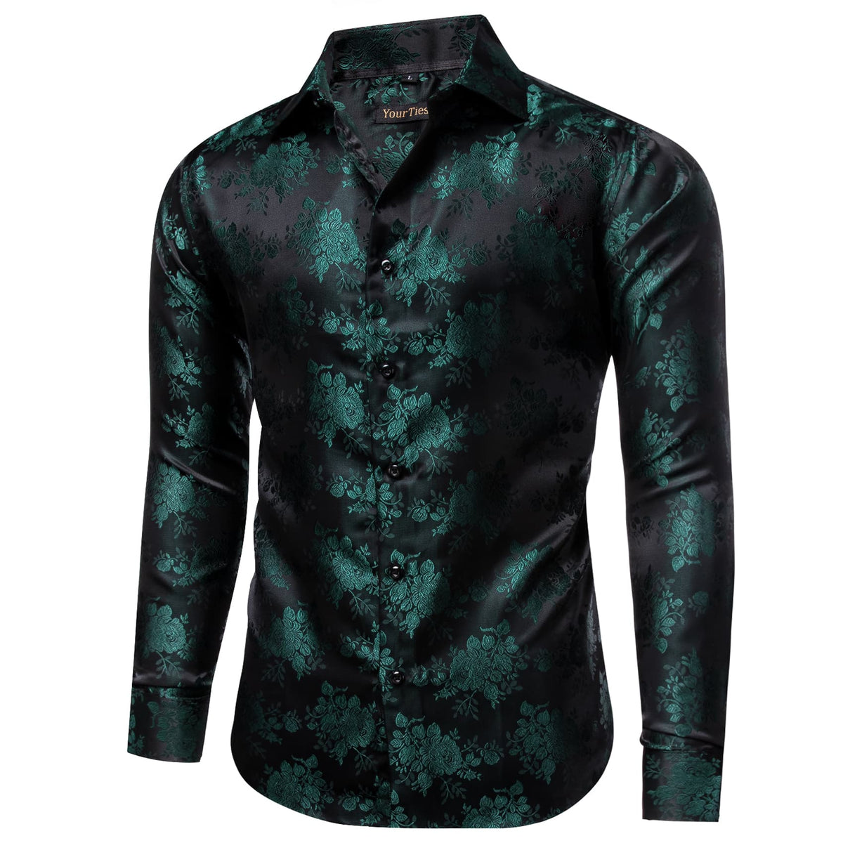 Men's Floral Shirt Long Sleeve Deep Green Jacquard Silk Shirt