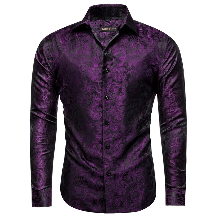 Black Purple Mens Top Long Sleeve Paisley Jacquard Silk Shirt