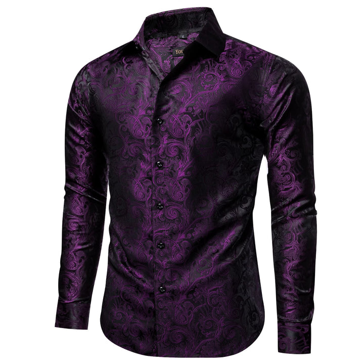 Black Purple Mens Top Long Sleeve Paisley Jacquard Silk Shirt