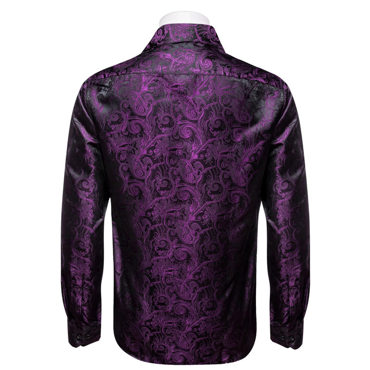 Black Purple Mens Top Long Sleeve Paisley Jacquard Silk Shirt