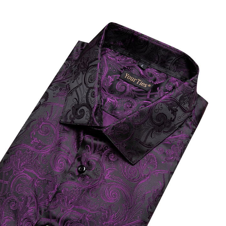  Black Purple Mens Top Long Sleeve Paisley Jacquard Silk Shirt