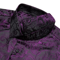 Black Purple Mens Top Long Sleeve Paisley Jacquard Silk Shirt