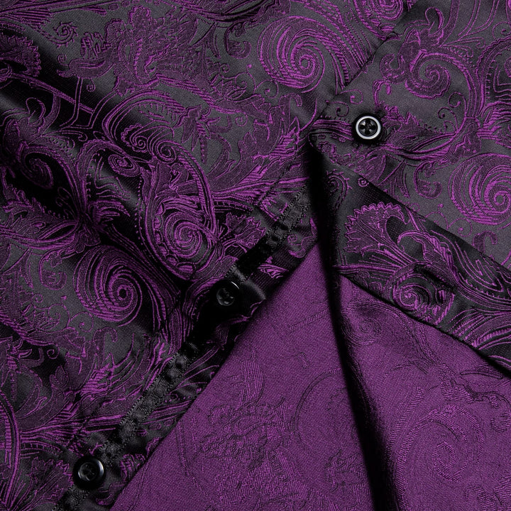  Black Purple Mens Top Long Sleeve Paisley Jacquard Silk Shirt