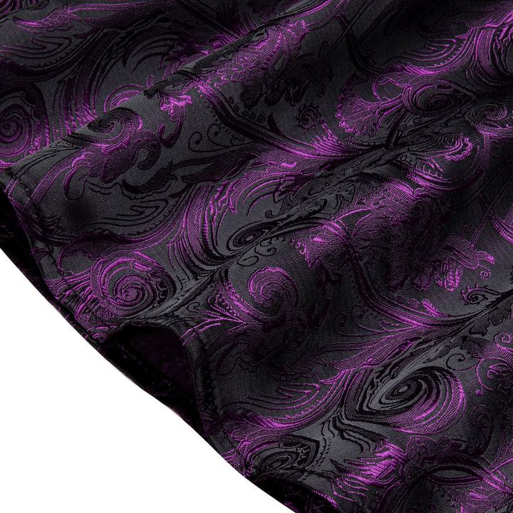 Black Purple Mens Top Long Sleeve Paisley Jacquard Silk Shirt